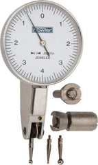 Fowler - 0.008 Inch Range, 0.0001 Inch Dial Graduation, Horizontal Dial Test Indicator - 1-1/2 Inch White Dial, 0-4-0 Dial Reading - Apex Tool & Supply