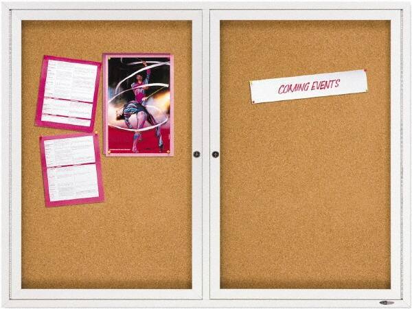 Quartet - 48" Wide x 36" High Enclosed Cork Bulletin Board - Natural Cork over Fiberboard, Aluminum Frame - Apex Tool & Supply
