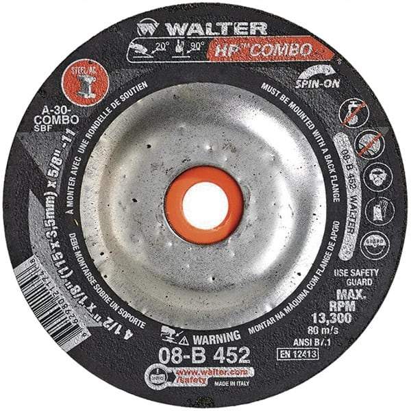 WALTER Surface Technologies - 30 Grit, 4-1/2" Wheel Diam, 1/8" Wheel Thickness, Type 27 Depressed Center Wheel - Aluminum Oxide, 13,300 Max RPM - Apex Tool & Supply
