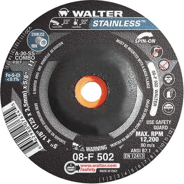 WALTER Surface Technologies - 30 Grit, 5" Wheel Diam, 1/8" Wheel Thickness, Type 27 Depressed Center Wheel - Aluminum Oxide, Resinoid Bond, 12,200 Max RPM - Apex Tool & Supply
