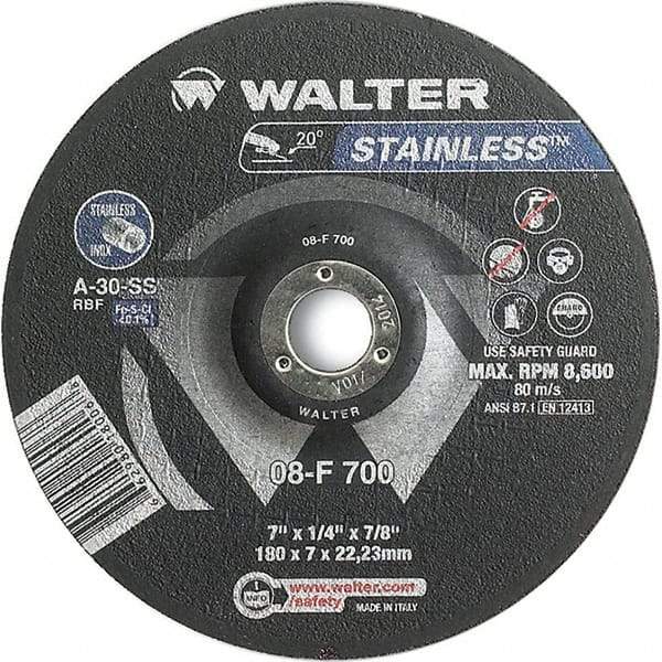WALTER Surface Technologies - 30 Grit, 7" Wheel Diam, 1/4" Wheel Thickness, 7/8" Arbor Hole, Type 27 Depressed Center Wheel - Aluminum Oxide, Resinoid Bond, 8,600 Max RPM - Apex Tool & Supply