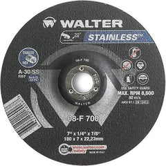 WALTER Surface Technologies - 30 Grit, 7" Wheel Diam, 1/4" Wheel Thickness, 7/8" Arbor Hole, Type 27 Depressed Center Wheel - Aluminum Oxide, Resinoid Bond, 8,600 Max RPM - Apex Tool & Supply