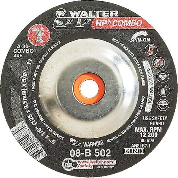 WALTER Surface Technologies - 30 Grit, 5" Wheel Diam, 1/8" Wheel Thickness, Type 27 Depressed Center Wheel - Aluminum Oxide, Resinoid Bond, 12,200 Max RPM - Apex Tool & Supply