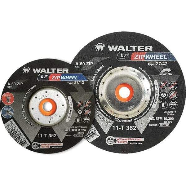 WALTER Surface Technologies - 60 Grit, 5" Wheel Diam, 3/64" Wheel Thickness, Type 27 Depressed Center Wheel - Resinoid Bond, 12,200 Max RPM - Apex Tool & Supply