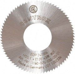 Controx - 1" Diam x 0.012" Blade Thickness x 3/8" Arbor Hole Diam, 80 Tooth Slitting and Slotting Saw - Arbor Connection, Right Hand, Uncoated, High Speed Steel, Concave Ground - Apex Tool & Supply