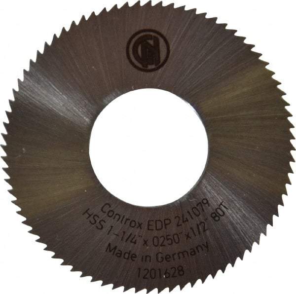 Controx - 1-1/4" Diam x 0.025" Blade Thickness x 1/2" Arbor Hole Diam, 80 Tooth Slitting & Slotting Saw - Arbor Connection, Right Hand, Uncoated, M2 High Speed Steel, Concave Ground - Apex Tool & Supply