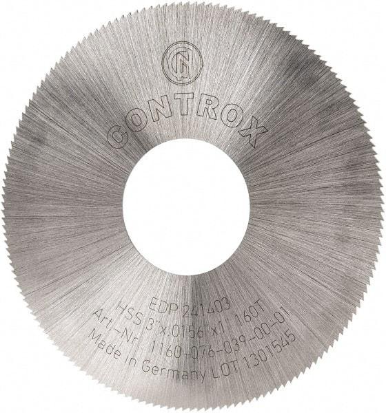 Controx - 3" Diam x 0.0156" Blade Thickness x 1" Arbor Hole Diam, 160 Tooth Slitting and Slotting Saw - Arbor Connection, Right Hand, Uncoated, High Speed Steel, Concave Ground - Apex Tool & Supply