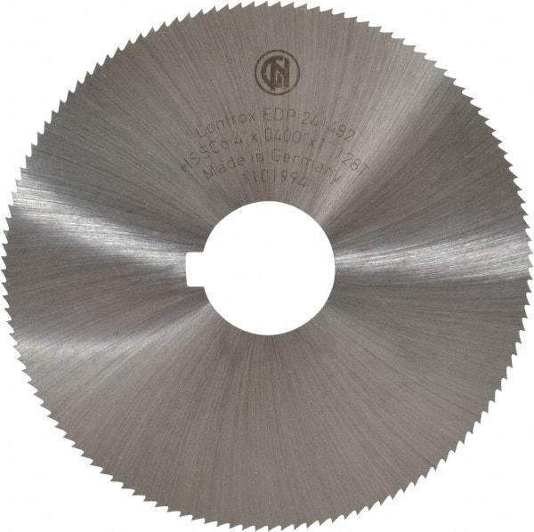 Controx - 4" Diam x 0.04" Blade Thickness x 1" Arbor Hole Diam, 128 Tooth Slitting and Slotting Saw - Arbor Connection, Right Hand, Uncoated, Cobalt, Concave Ground, Contains Keyway - Apex Tool & Supply