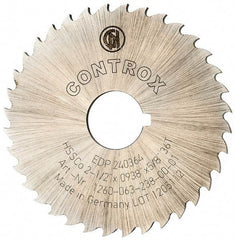 Controx - 2-1/2" Diam x 0.0938" Blade Thickness x 5/8" Arbor Hole Diam, 36 Tooth Slitting and Slotting Saw - Arbor Connection, Right Hand, Uncoated, Cobalt, 15° Rake, Concave Ground, Contains Keyway - Apex Tool & Supply
