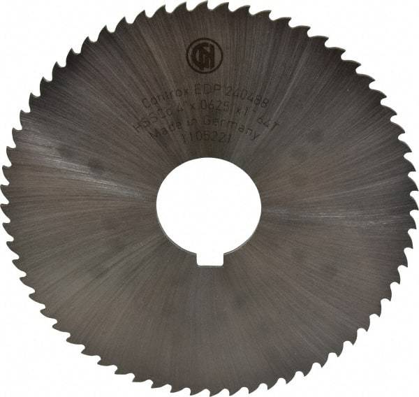 Controx - 4" Diam x 1/16" Blade Thickness x 1" Arbor Hole Diam, 64 Tooth Slitting and Slotting Saw - Arbor Connection, Right Hand, Uncoated, Cobalt, 15° Rake, Concave Ground, Contains Keyway - Apex Tool & Supply