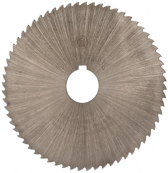 Controx - 5" Diam x 0.0781" Blade Thickness x 1" Arbor Hole Diam, 64 Tooth Slitting and Slotting Saw - Arbor Connection, Right Hand, Uncoated, Cobalt, 15° Rake, Concave Ground, Contains Keyway - Apex Tool & Supply