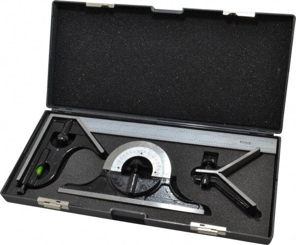 SPI - 4 Piece, 12" Combination Square Set - 1/16, 1/32, 1/64 & 1/8" (4R) Graduation, Hardened Steel Blade, Hardened Steel Center, Protractor & Square Head - Apex Tool & Supply
