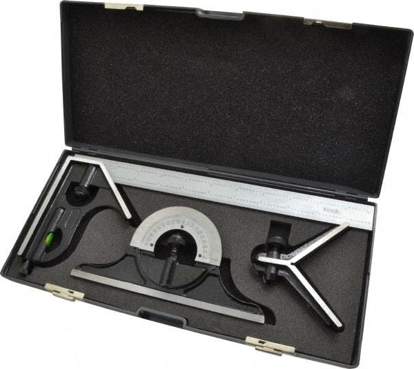 SPI - 4 Piece, 12" Combination Square Set - 1/32 & 1/64" (English/Metric) Graduation, Hardened Steel Blade, Hardened Steel Center, Protractor & Square Head - Apex Tool & Supply
