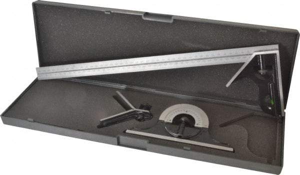 SPI - 4 Piece, 18" Combination Square Set - 1/32 & 1/64" (English/Metric) Graduation, Hardened Steel Blade, Hardened Steel Center, Protractor & Square Head - Apex Tool & Supply