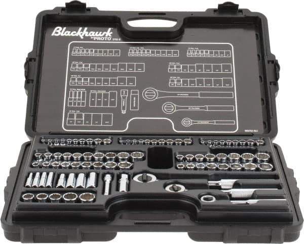 Blackhawk by Proto - 82 Piece 1/4" & 3/8" Drive Deep Well Socket Set - 6, 12 Points, 5/32" to 13/16" (4mm to 19mm) Range, Inch/Metric Measurement Standard - Apex Tool & Supply