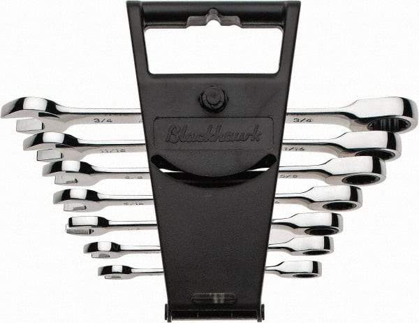 Blackhawk by Proto - 7 Piece, 3/8" to 3/4", Nonreversible Ratcheting Combination Wrench Set - Inch Measurement Standard, Full Polish Finish, Comes in Canvas Roll - Apex Tool & Supply