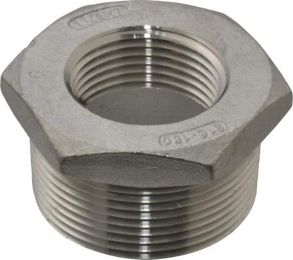 Merit Brass - 1-1/2 x 1" Grade 316 Stainless Steel Pipe Hex Bushing - MNPT x FNPT End Connections, 150 psi - Apex Tool & Supply