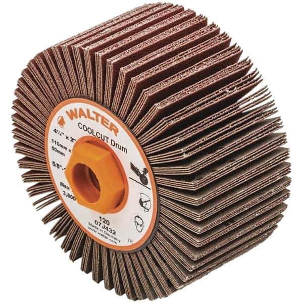 WALTER Surface Technologies - 4-1/4" Diam 120 Grit Aluminum Oxide Unmounted Flap Wheel - 5/8-11 Threaded Hole, 2" Wide, Coated, Grade Fine, 3,800 Max RPM - Apex Tool & Supply