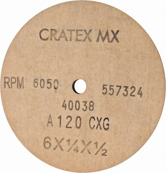 Cratex - 6" Diam x 1/2" Hole x 1/4" Thick, 120 Grit Surface Grinding Wheel - Aluminum Oxide, Type 1, Fine Grade, 6,050 Max RPM, No Recess - Apex Tool & Supply