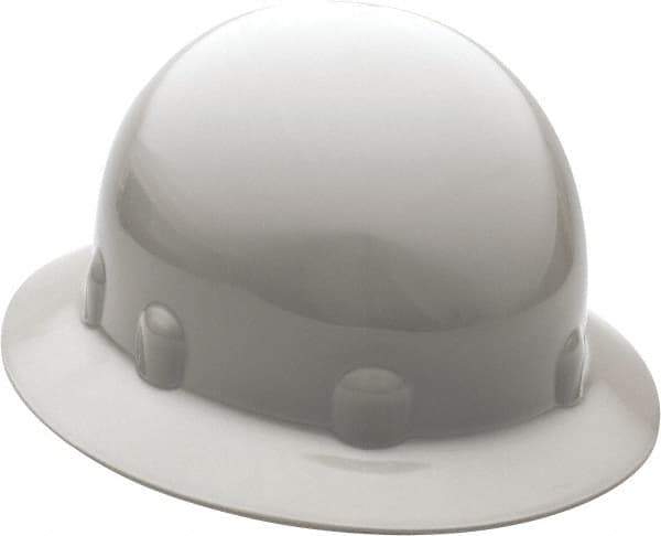 Fibre-Metal - ANSI Type I, Class E Rated, 8-Point, Ratchet Adjustment Hard Hat - One Size Fits Most, Gray, Full Brim - Apex Tool & Supply