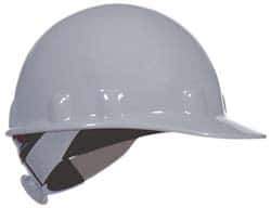 Fibre-Metal - ANSI Type I, Class E Rated, 8-Point, Ratchet Adjustment Hard Hat - One Size Fits Most, Gray, Standard Brim - Apex Tool & Supply