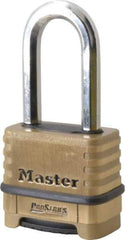 Master Lock - 2-1/4" Body Width x 2" Body Height, 2.063" Shackle Clearance, Brass Body & Boron Carbide Combination Lock - 3/8" Shackle Diam - Apex Tool & Supply