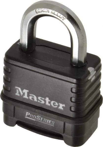 Master Lock - 2-1/4" Body Width x 2" Body Height, 1.063" Shackle Clearance, Die Cast Body & Boron Carbide Combination Lock - 3/8" Shackle Diam - Apex Tool & Supply