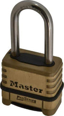 Master Lock - 2-1/4" Body Width x 2" Body Height, 2.094" Shackle Clearance, Brass Body & Stainless Steel Combination Lock - 5/16" Shackle Diam - Apex Tool & Supply