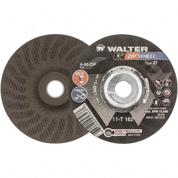 WALTER Surface Technologies - 60 Grit, 6" Wheel Diam, 3/64" Wheel Thickness, 7/8" Arbor Hole, Type 27 Depressed Center Wheel - Aluminum Oxide, Resinoid Bond, 10,200 Max RPM - Apex Tool & Supply