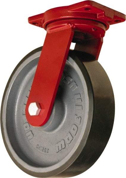 Hamilton - 12" Diam x 3" Wide x 14-1/2" OAH Top Plate Mount Swivel Caster - Polyurethane Mold onto Cast Iron Center, 4,550 Lb Capacity, Tapered Roller Bearing, 6-1/8 x 7-1/2" Plate - Apex Tool & Supply