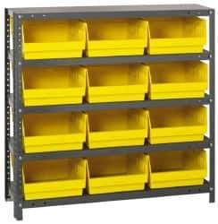 Quantum Storage - 12 Bin Store-More Shelf Bin System - 36 Inch Overall Width x 12 Inch Overall Depth x 39 Inch Overall Height, Yellow Polypropylene Bins - Apex Tool & Supply