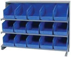 Quantum Storage - 15 Bin Store-More Sloped Shelving System - 36 Inch Overall Width x 12 Inch Overall Depth x 26-1/2 Inch Overall Height, Blue Polypropylene Bins - Apex Tool & Supply