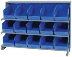 Quantum Storage - 15 Bin Store-More Sloped Shelving System - 36 Inch Overall Width x 12 Inch Overall Depth x 26-1/2 Inch Overall Height, Blue Polypropylene Bins - Apex Tool & Supply