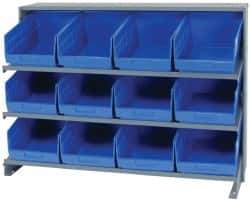 Quantum Storage - 12 Bin Store-More Sloped Shelving System - 36 Inch Overall Width x 12 Inch Overall Depth x 26-1/2 Inch Overall Height, Blue Polypropylene Bins - Apex Tool & Supply