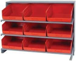 Quantum Storage - 9 Bin Store-More Sloped Shelving System - 36 Inch Overall Width x 12 Inch Overall Depth x 26-1/2 Inch Overall Height, Red Polypropylene Bins - Apex Tool & Supply