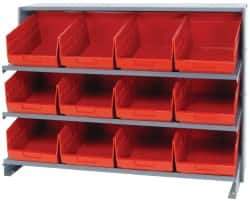 Quantum Storage - 12 Bin Store-More Sloped Shelving System - 36 Inch Overall Width x 12 Inch Overall Depth x 26-1/2 Inch Overall Height, Red Polypropylene Bins - Apex Tool & Supply