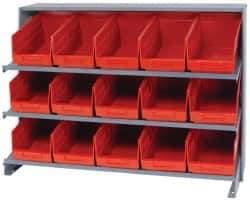 Quantum Storage - 15 Bin Store-More Sloped Shelving System - 36 Inch Overall Width x 12 Inch Overall Depth x 26-1/2 Inch Overall Height, Red Polypropylene Bins - Apex Tool & Supply