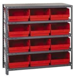 Quantum Storage - 12 Bin Store-More Shelf Bin System - 36 Inch Overall Width x 18 Inch Overall Depth x 39 Inch Overall Height, Red Polypropylene Bins - Apex Tool & Supply