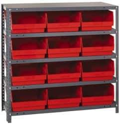 Quantum Storage - 12 Bin Store-More Shelf Bin System - 36 Inch Overall Width x 12 Inch Overall Depth x 39 Inch Overall Height, Red Polypropylene Bins - Apex Tool & Supply