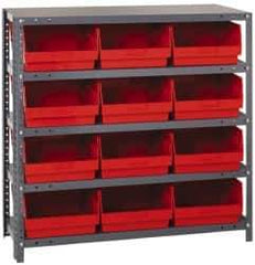 Quantum Storage - 12 Bin Store-More Shelf Bin System - 36 Inch Overall Width x 12 Inch Overall Depth x 39 Inch Overall Height, Red Polypropylene Bins - Apex Tool & Supply