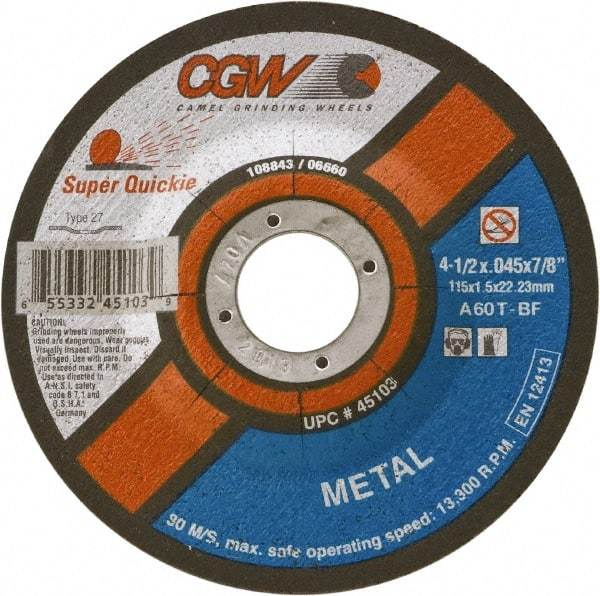 Camel Grinding Wheels - 60 Grit, 4-1/2" Wheel Diam, Type 27 Depressed Center Wheel - Medium Grade, Aluminum Oxide, Resinoid Bond, T Hardness, 13,300 Max RPM - Apex Tool & Supply