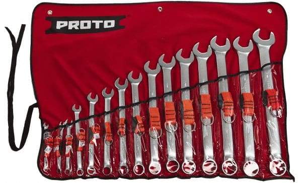 Proto - 15 Piece, 7mm to 32mm, 12 Point Tethered Combination Wrench Set - Metric Measurement Standard, Satin Chrome Finish, Comes in Nylon Roll - Apex Tool & Supply