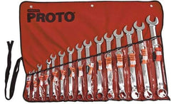 Proto - 15 Piece, 5/16" to 1-1/4", 12 Point Tethered Combination Wrench Set - Inch Measurement Standard, Satin Chrome Finish, Comes in Nylon Roll - Apex Tool & Supply
