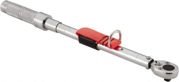 Proto - 3/8" Drive Micrometer Ratchet Head Tethered Torque Wrench - 20 Ft/Lb to 100 Ft/Lb Torque, 17" OAL, 1/2 Ft/Lb Graduation, Pear Head - Apex Tool & Supply