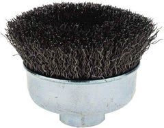 Weiler - 3" Diam, 5/8-11 Threaded Arbor, Steel Fill Cup Brush - 0.014 Wire Diam, 7/8" Trim Length, 14,000 Max RPM - Apex Tool & Supply