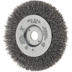 Weiler - 4" OD, 1/2" Arbor Hole, Crimped Steel Wheel Brush - 1/2" Face Width, 13/16" Trim Length, 0.014" Filament Diam, 6,000 RPM - Apex Tool & Supply