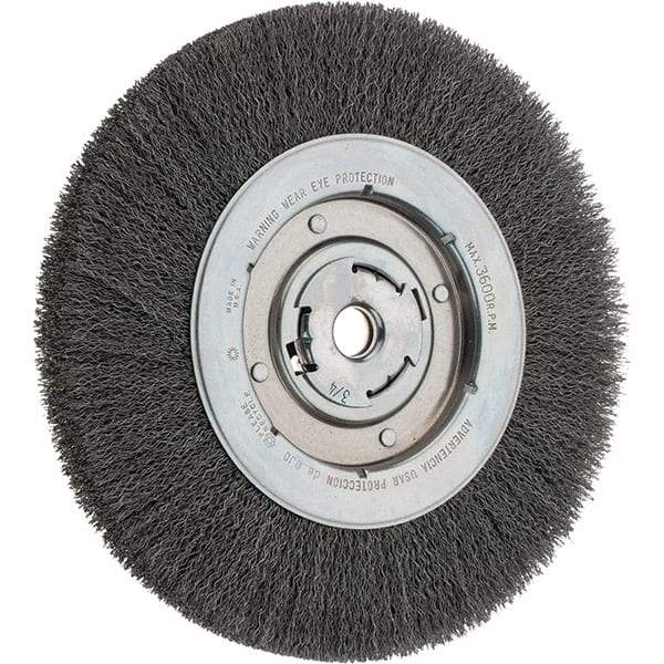 Weiler - 10" OD, 3/4" Arbor Hole, Crimped Steel Wheel Brush - 1-1/8" Face Width, 1-7/8" Trim Length, 0.014" Filament Diam, 3,600 RPM - Apex Tool & Supply