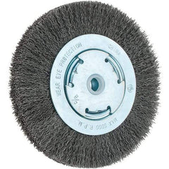 Weiler - 6" OD, 5/8" Arbor Hole, Crimped Steel Wheel Brush - 1-1/8" Face Width, 1-1/8" Trim Length, 0.014" Filament Diam, 6,000 RPM - Apex Tool & Supply