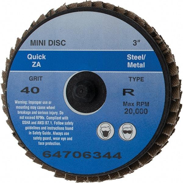 Value Collection - 40 Grit, 3" Disc Diam, Type 27 Zirconia Alumina Flap Disc - Quick Change Type R Attaching System, Coated - Apex Tool & Supply