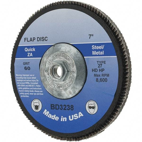 Value Collection - 60 Grit, 7" Disc Diam, 5/8-11 Center Hole, Type 29 Zirconia Alumina Flap Disc - Arbor Attaching System, Coated - Apex Tool & Supply